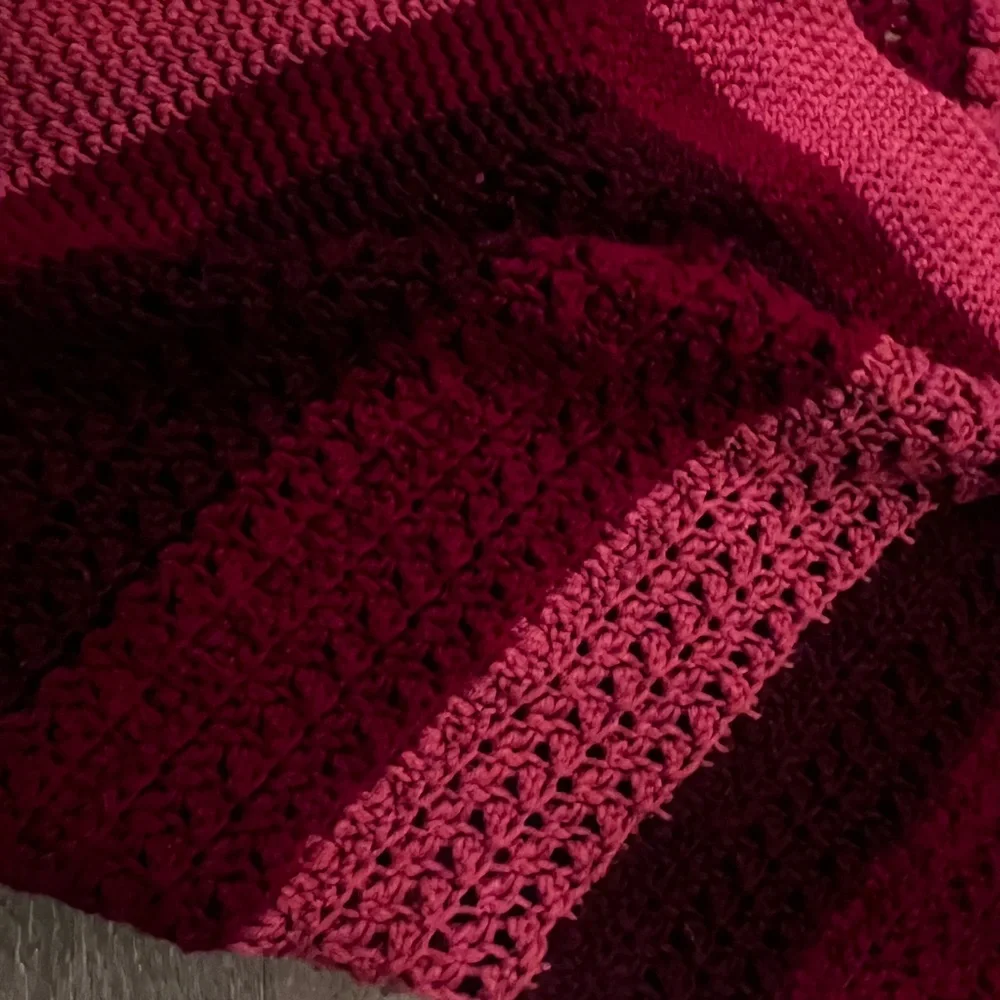 Pink and Dark Red Striped Crochet Blanket